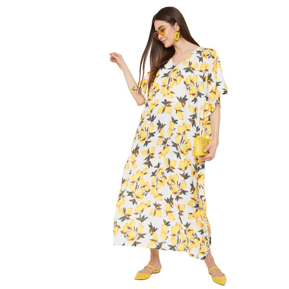 NWT Floral Print White Polyester V-Neck Kaftan Dress for Women by Gypsie Blu